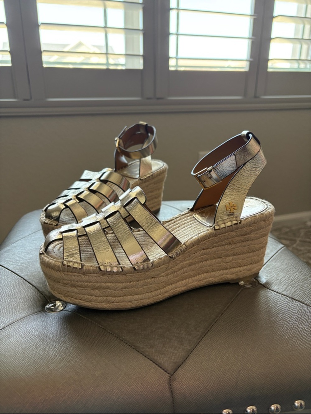 Tory Burch Metallic Gold Espadrille Wedge Sandals with Ankle Strap
